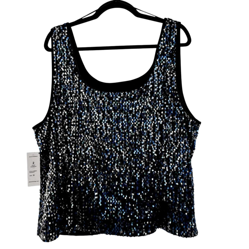 NWT Alex Evenings Sequin Sleeveless Top Black Blue Silver Satin Trim Lined 3X